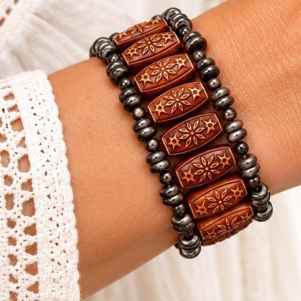 Bohemian Carved Wood Star Flower Stretch Bracelet Gunmetal Metal Bead Multi Row